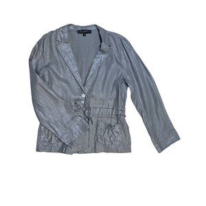 Y2K Femme Linen Jacket 12 Ruffle Fitted Pockets Silver Metallic 100% Linen